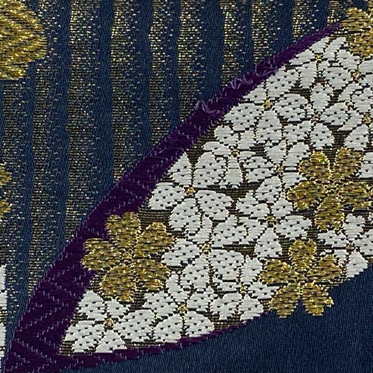 【美品】 袋帶 秀品級 樱花 七寶 金絲 刺繡 藍色 六通 純蠶絲