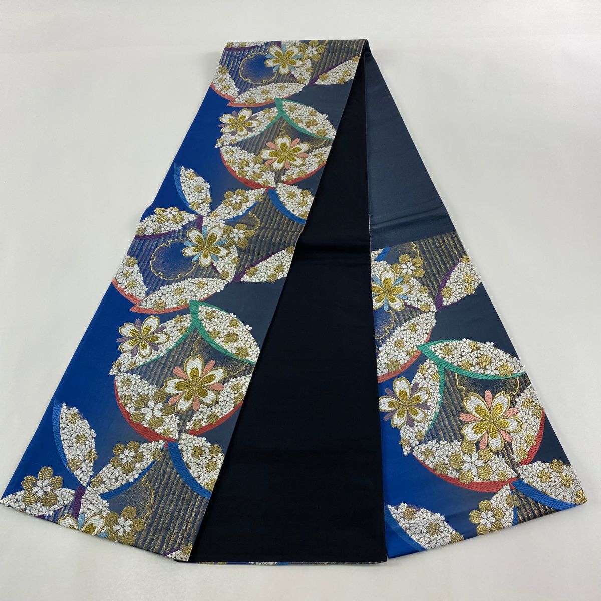 【美品】 袋帶 秀品級 樱花 七寶 金絲 刺繡 藍色 六通 純蠶絲