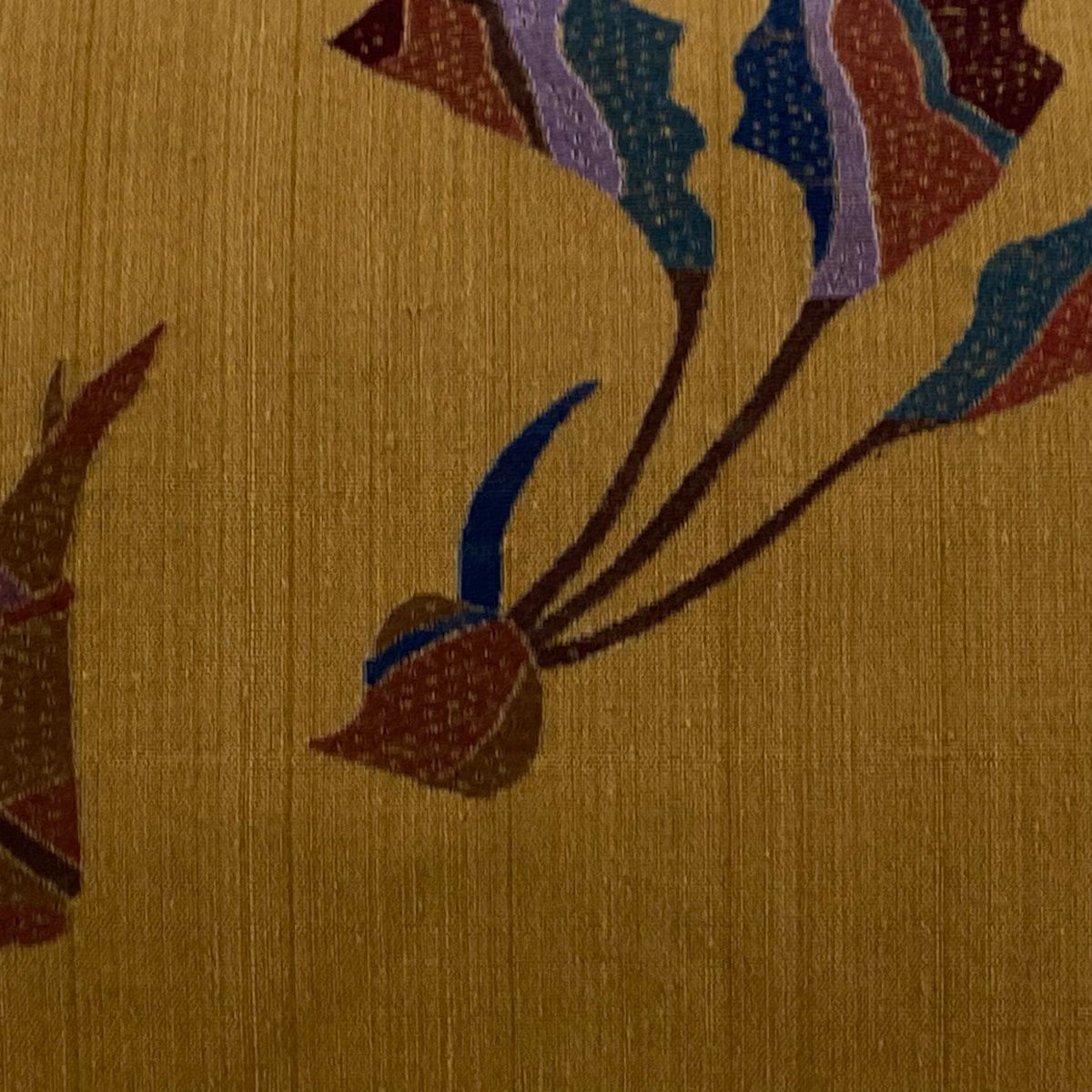 【美品】 名古屋帶 秀品級 紬織織 野菜 刺繡 山吹茶 純蠶絲