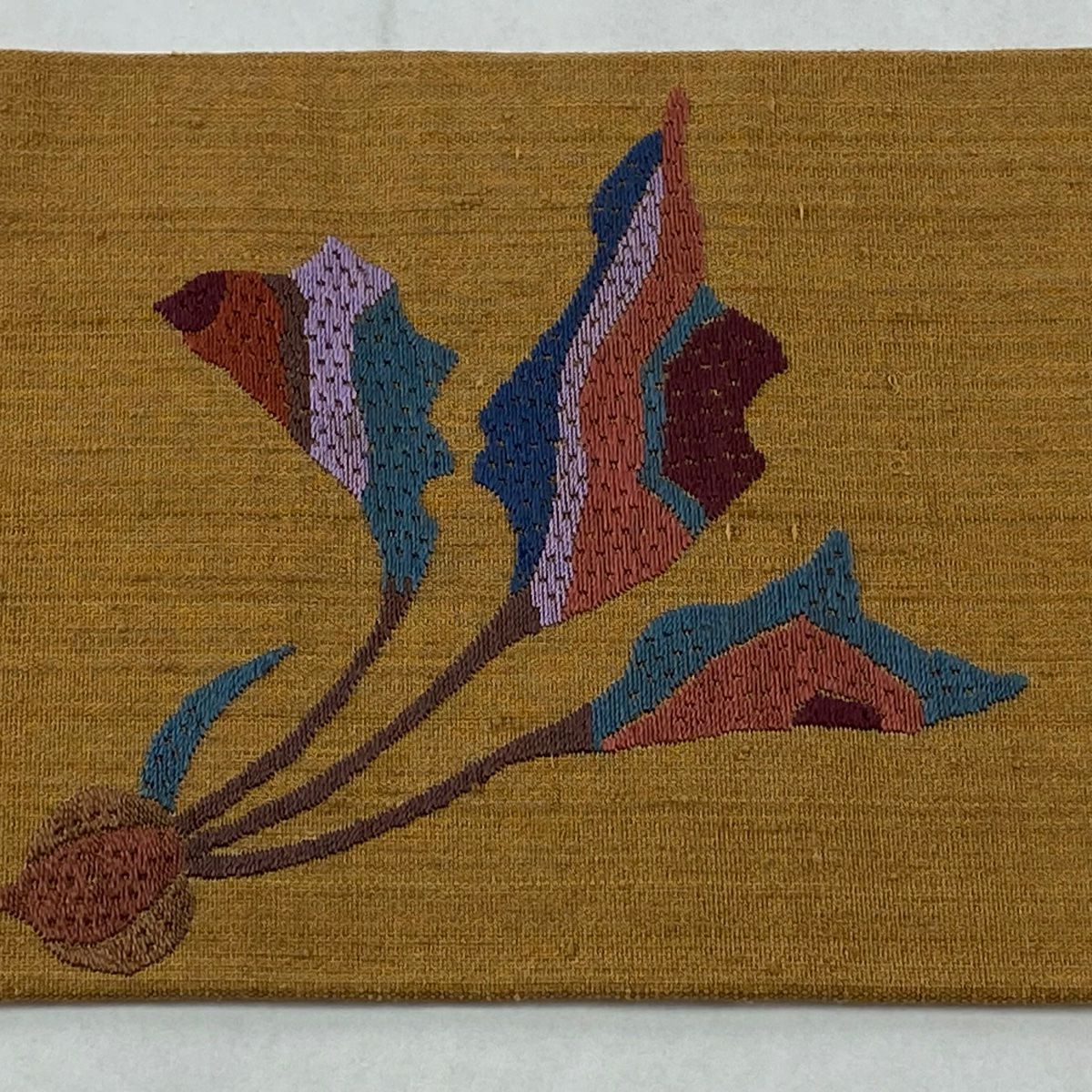 【美品】 名古屋帶 秀品級 紬織織 野菜 刺繡 山吹茶 純蠶絲