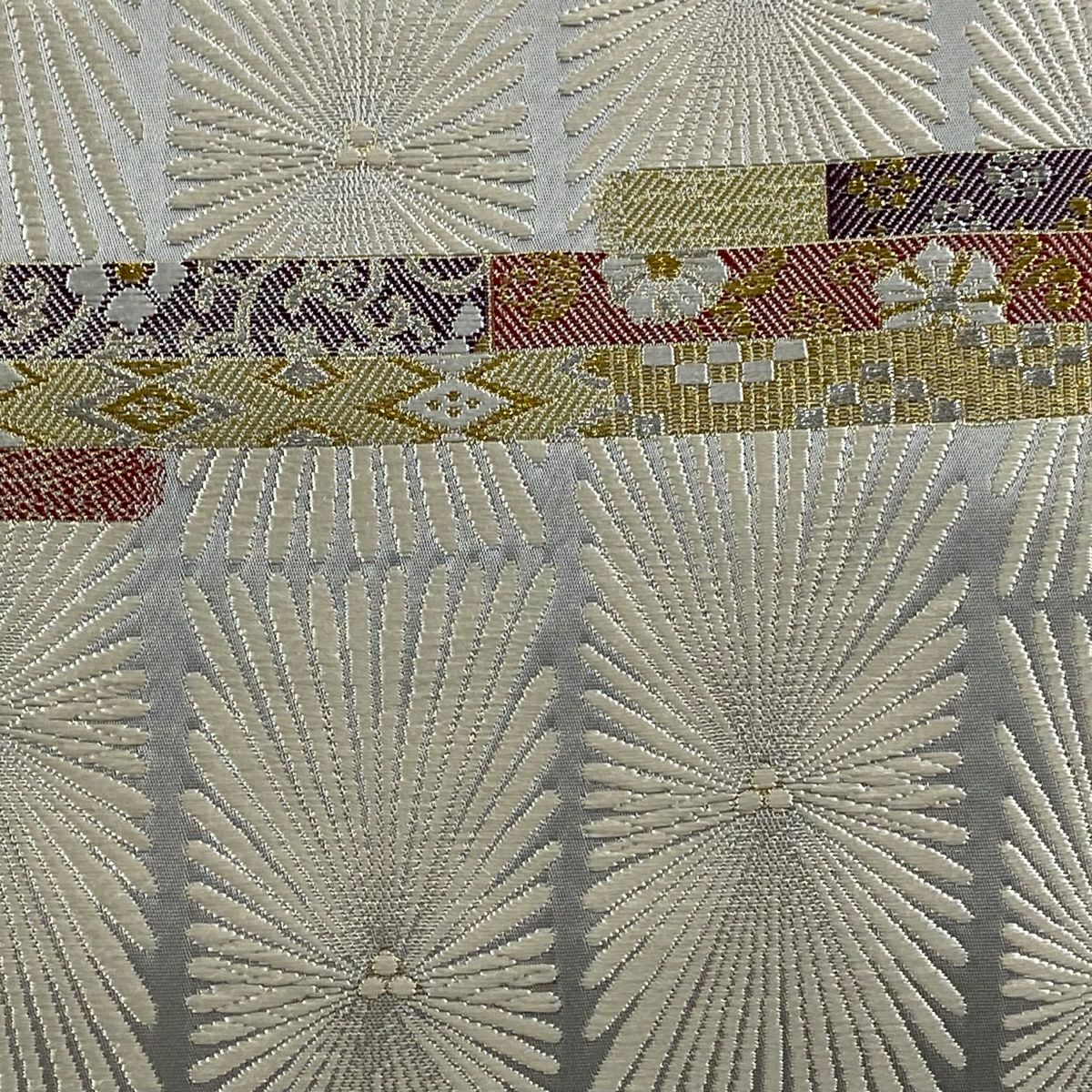 【美品】 袋帶 秀品級 草花紋 若松樹 金銀彩 刺繡 灰 深藍 六通 純蠶絲