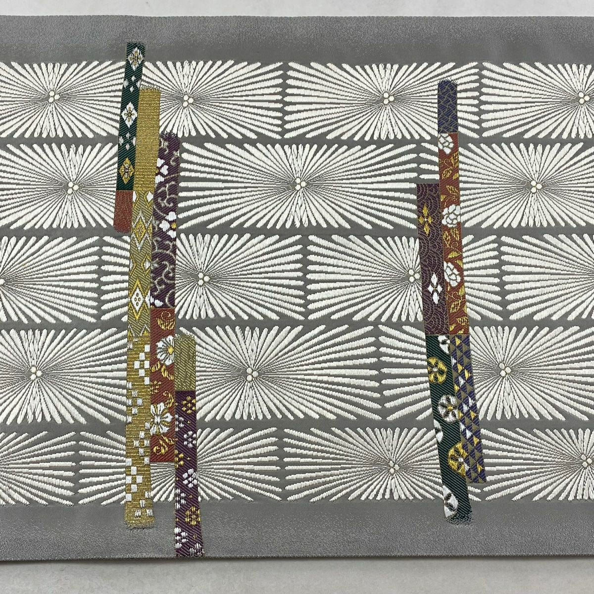 【美品】 袋帶 秀品級 草花紋 若松樹 金銀彩 刺繡 灰 深藍 六通 純蠶絲