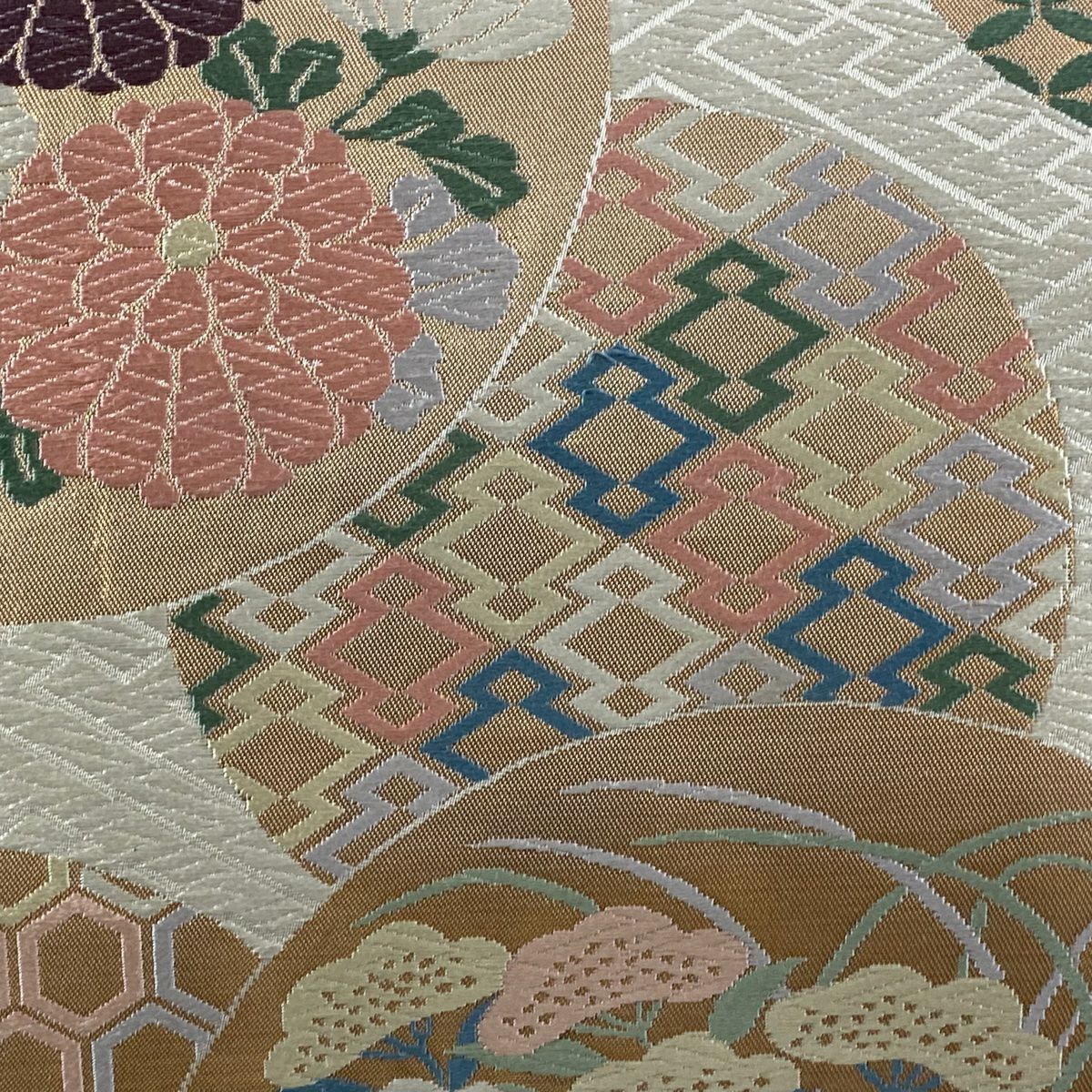 袋帶 秀品級 關西仕立 雲紋 秋草 刺繡 金金箔 奶油 六通 純蠶絲