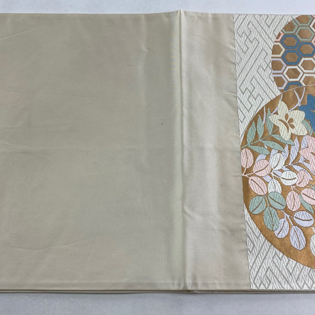 袋帶 秀品級 關西仕立 雲紋 秋草 刺繡 金金箔 奶油 六通 純蠶絲