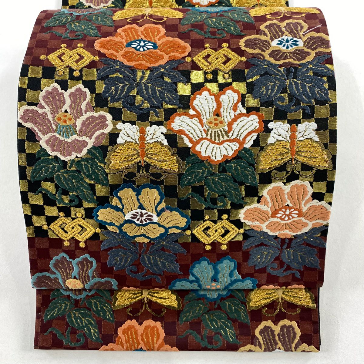 【美品】 袋帶 秀品級 新能裳錦 草花紋紋 橫段 刺繡 黑 六通 純蠶絲
