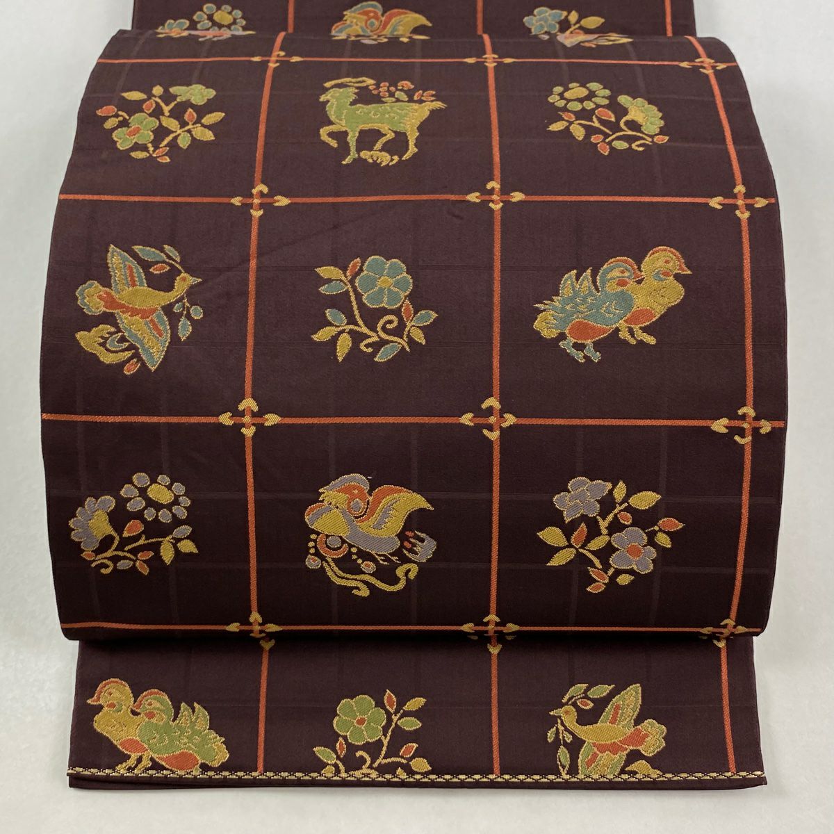 【美品】 袋帶 秀品級 有落款 あらいそ 關西仕立 花鳥 動物 金金箔 茶紫 全通 純蠶絲
