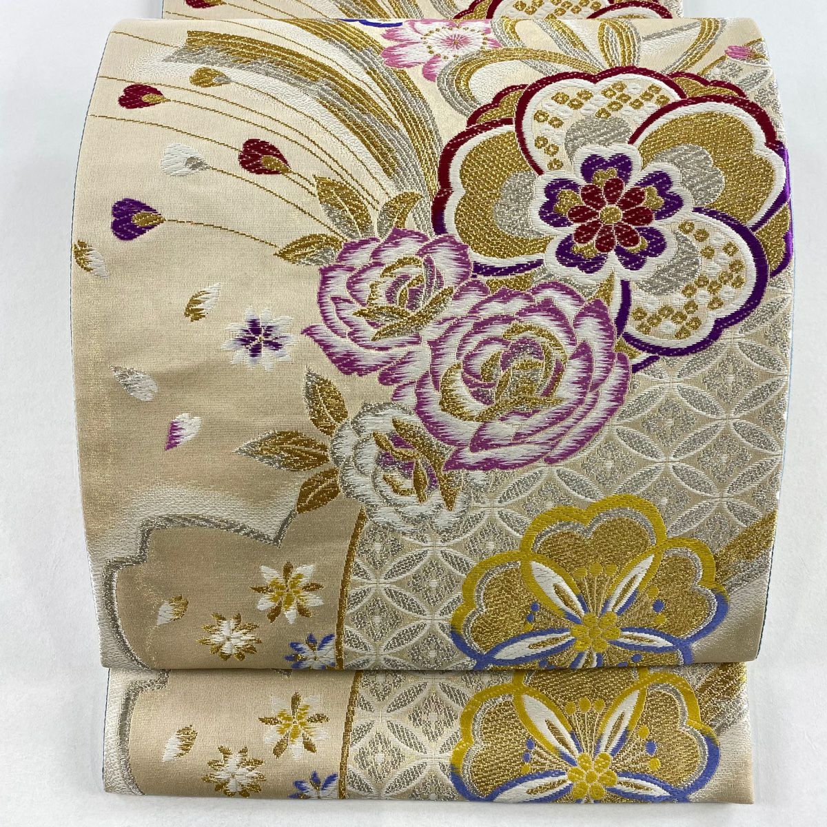 【美品】 袋帶 秀品級櫻花 七寶 金銀線 米色 六通 純蠶絲