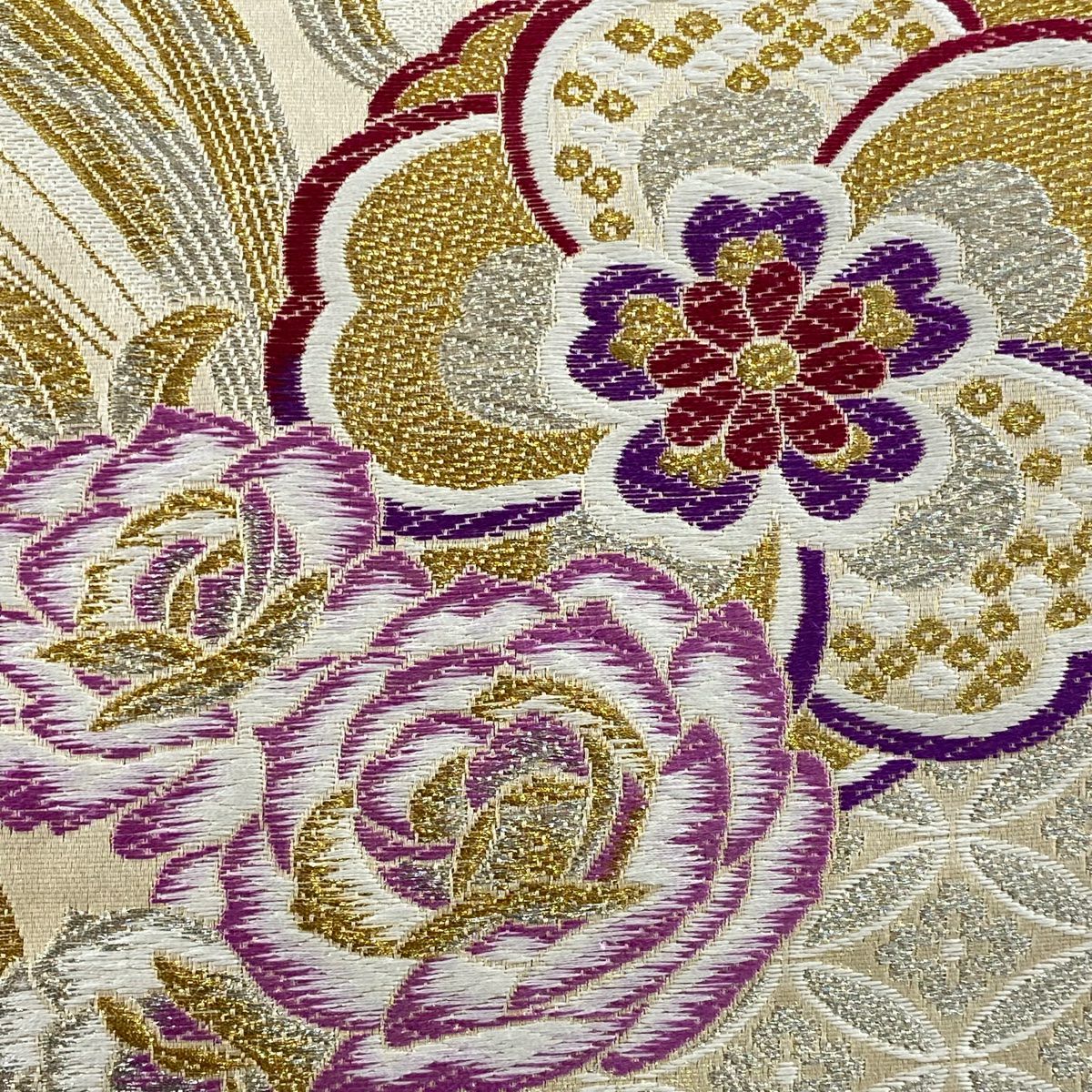 【美品】 袋帶 秀品級櫻花 七寶 金銀線 米色 六通 純蠶絲
