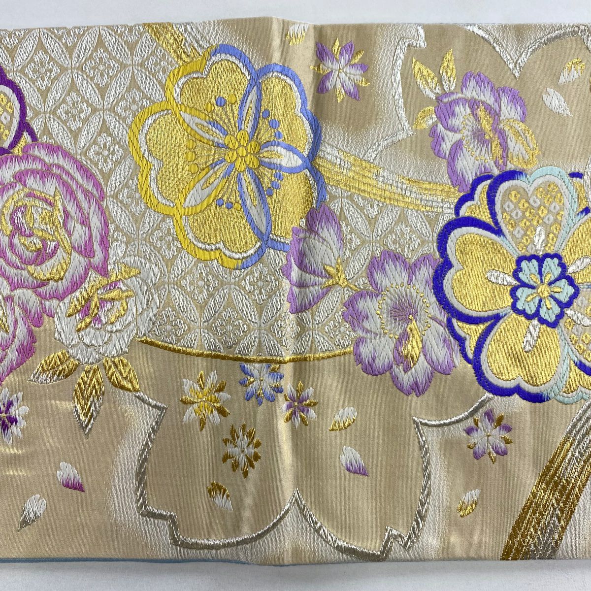 【美品】 袋帶 秀品級櫻花 七寶 金銀線 米色 六通 純蠶絲