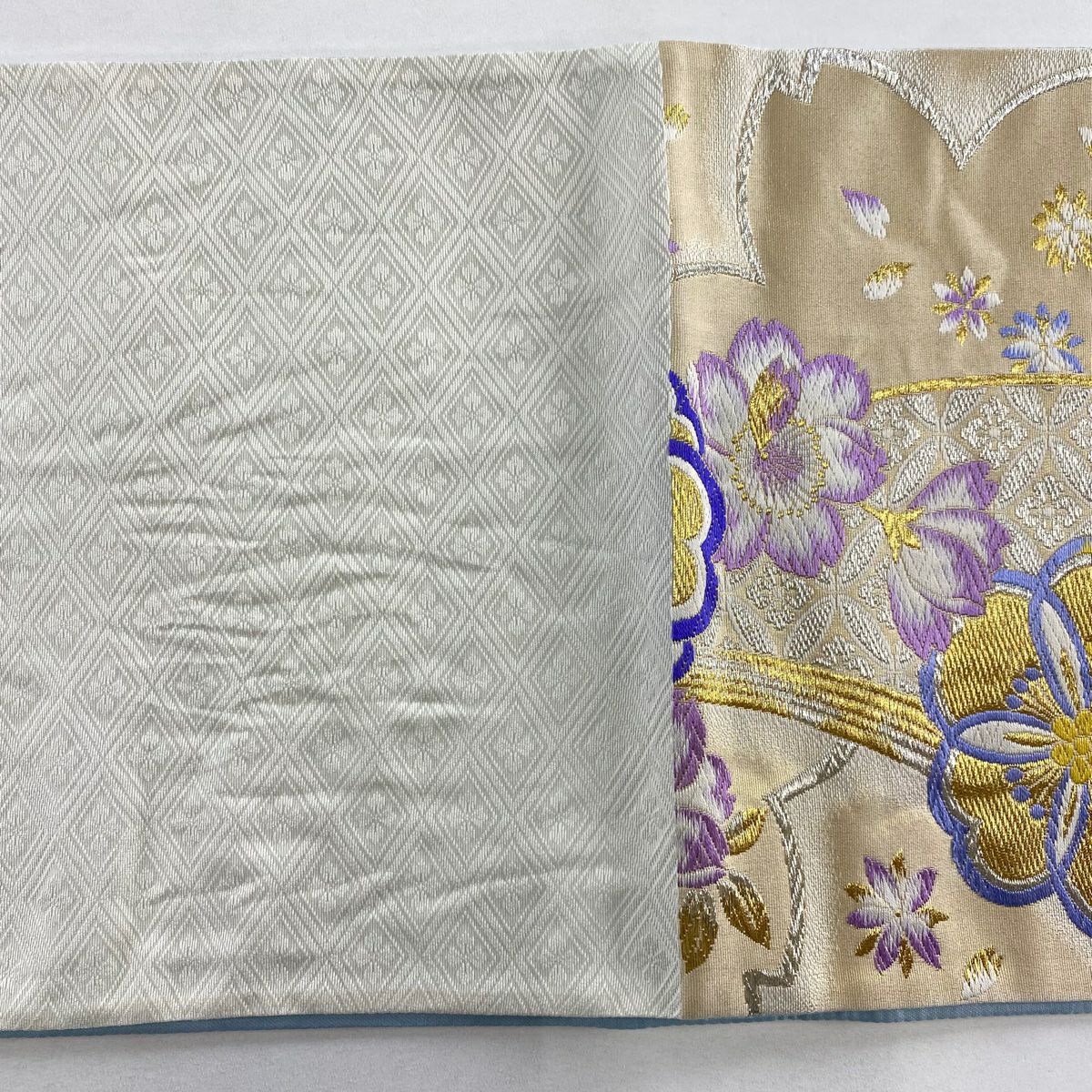 【美品】 袋帶 秀品級櫻花 七寶 金銀線 米色 六通 純蠶絲