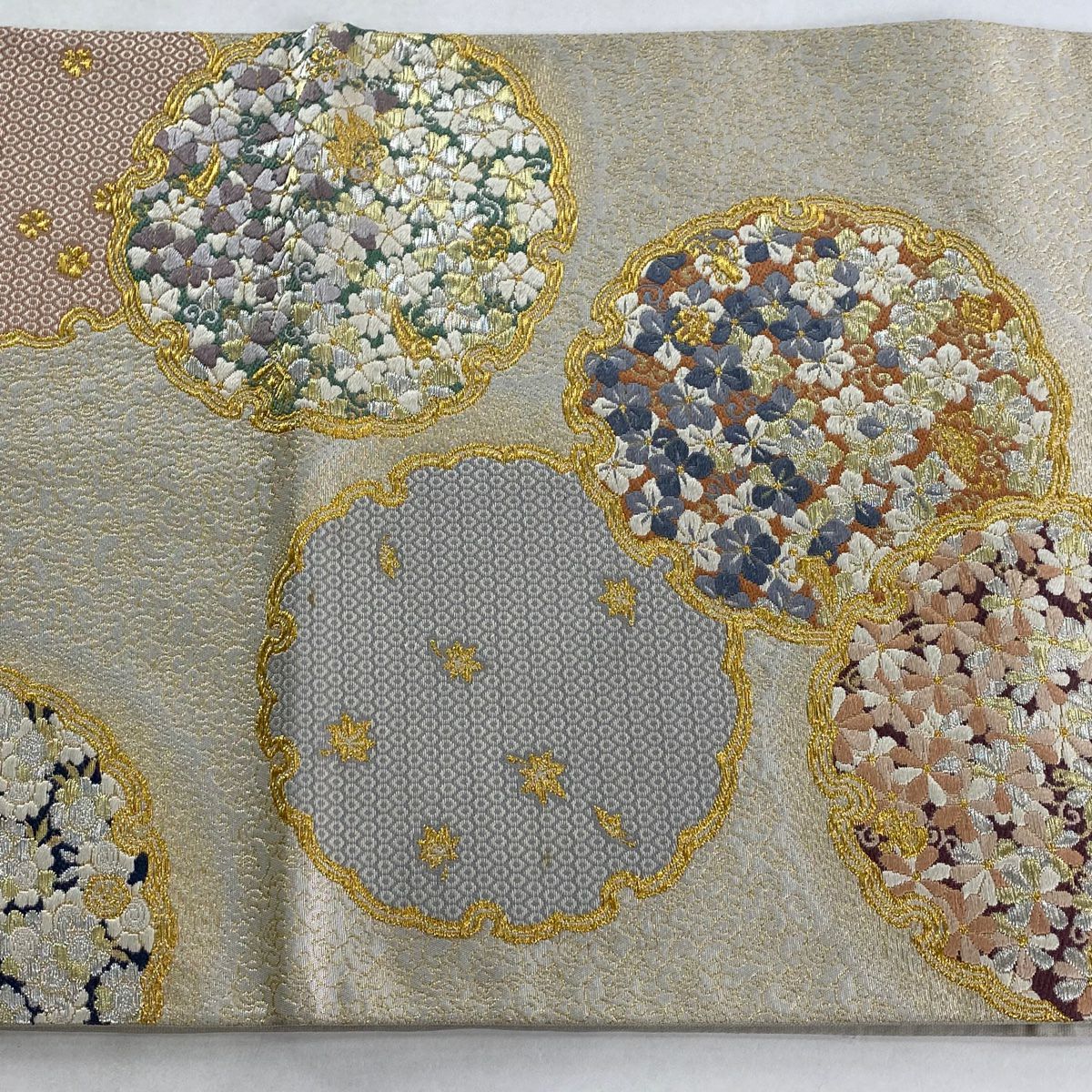 【美品】 袋帶 逸品級 祥園 落款あり 雪輪 草花紋 金銀彩 金金箔 銀 六通 純蠶絲