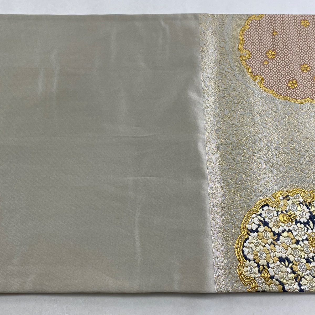 【美品】 袋帶 逸品級 祥園 落款あり 雪輪 草花紋 金銀彩 金金箔 銀 六通 純蠶絲