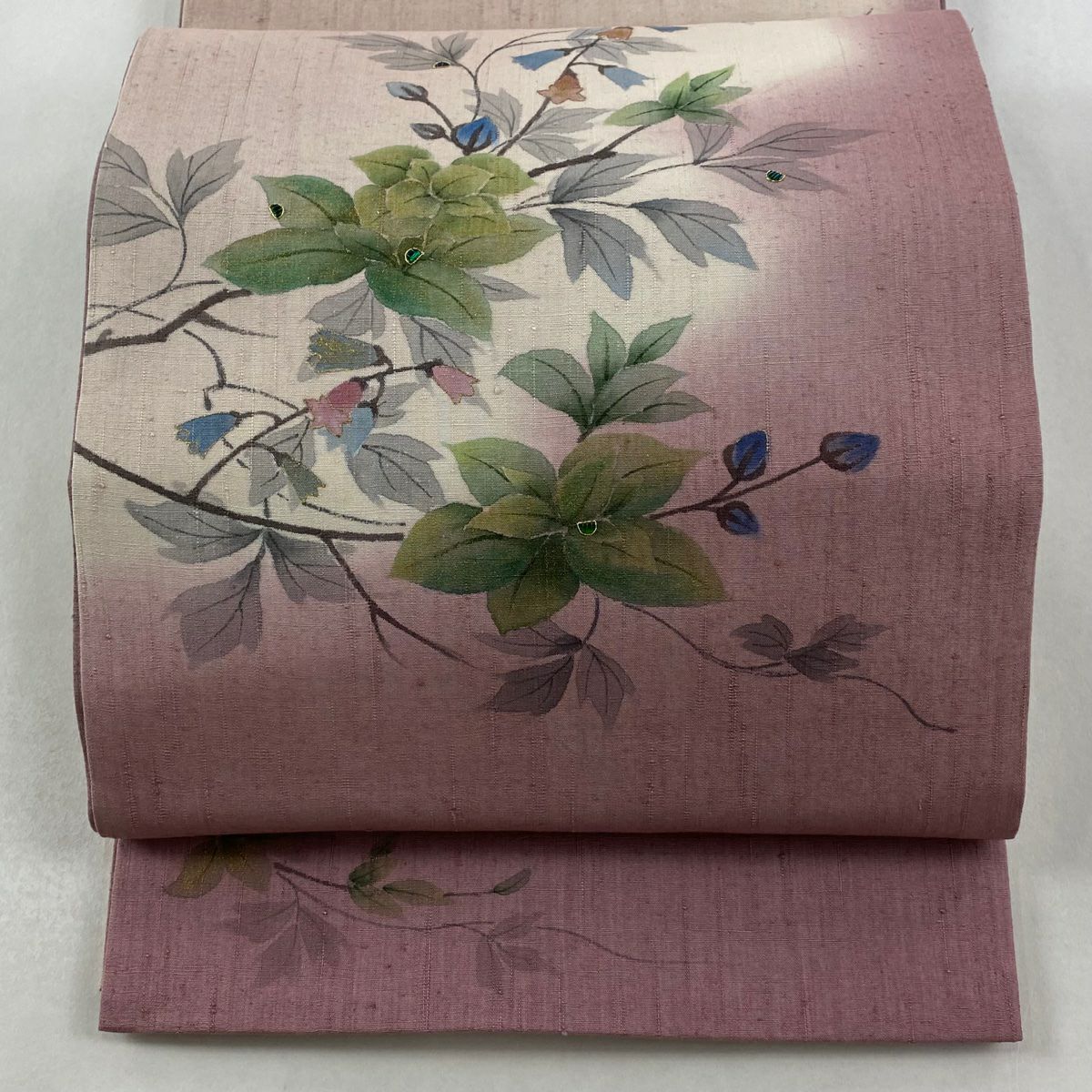 【美品】 袋帶 逸品級 枝花 金絲 金銀彩 淺紫 お太鼓圖案 純蠶絲