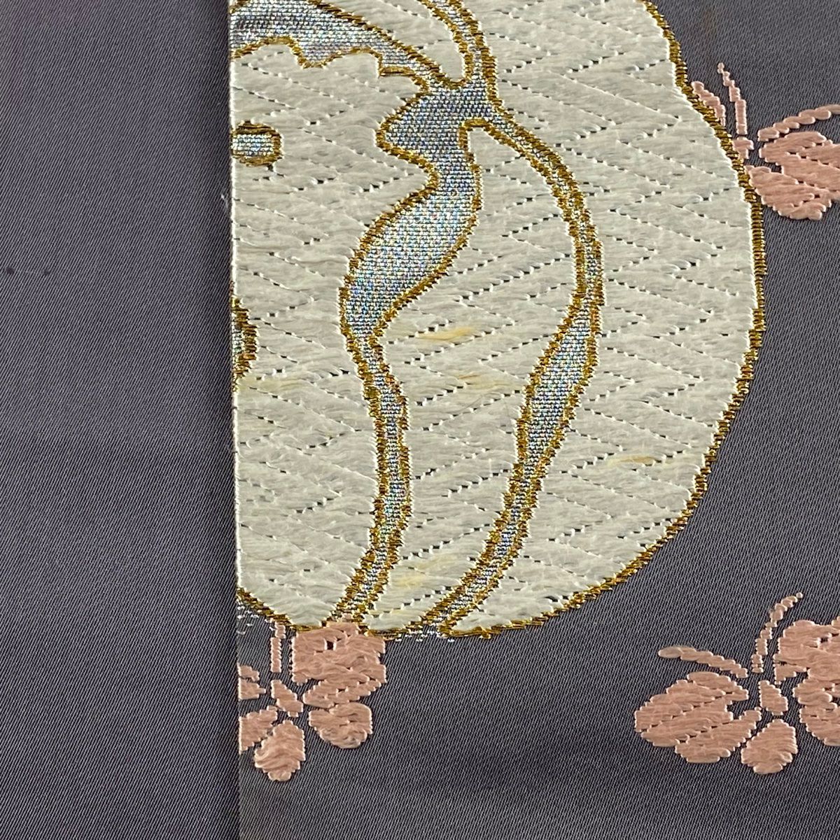 袋帶 逸品級 河合美術織物 落款 手織能衣錦 關西仕立 鳥 蝶 唐織 金絲 灰紫 六通 純蠶絲