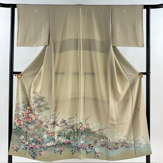 色留袖禮服 身長152cm 袖長62cm S 雙層 阿部佳雪 落款あり 枝花 鳥 染分 淡化處理 米色 純蠶絲 名品級 三つ紋