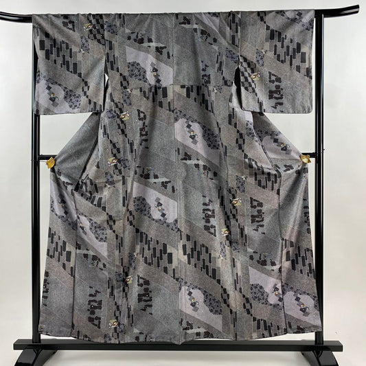 【美品】 小紋 身長156cm 袖長65.5cm M 雙層 大島紬織地 證書あり ぽっくり 石畳 灰色 純蠶絲 名品級