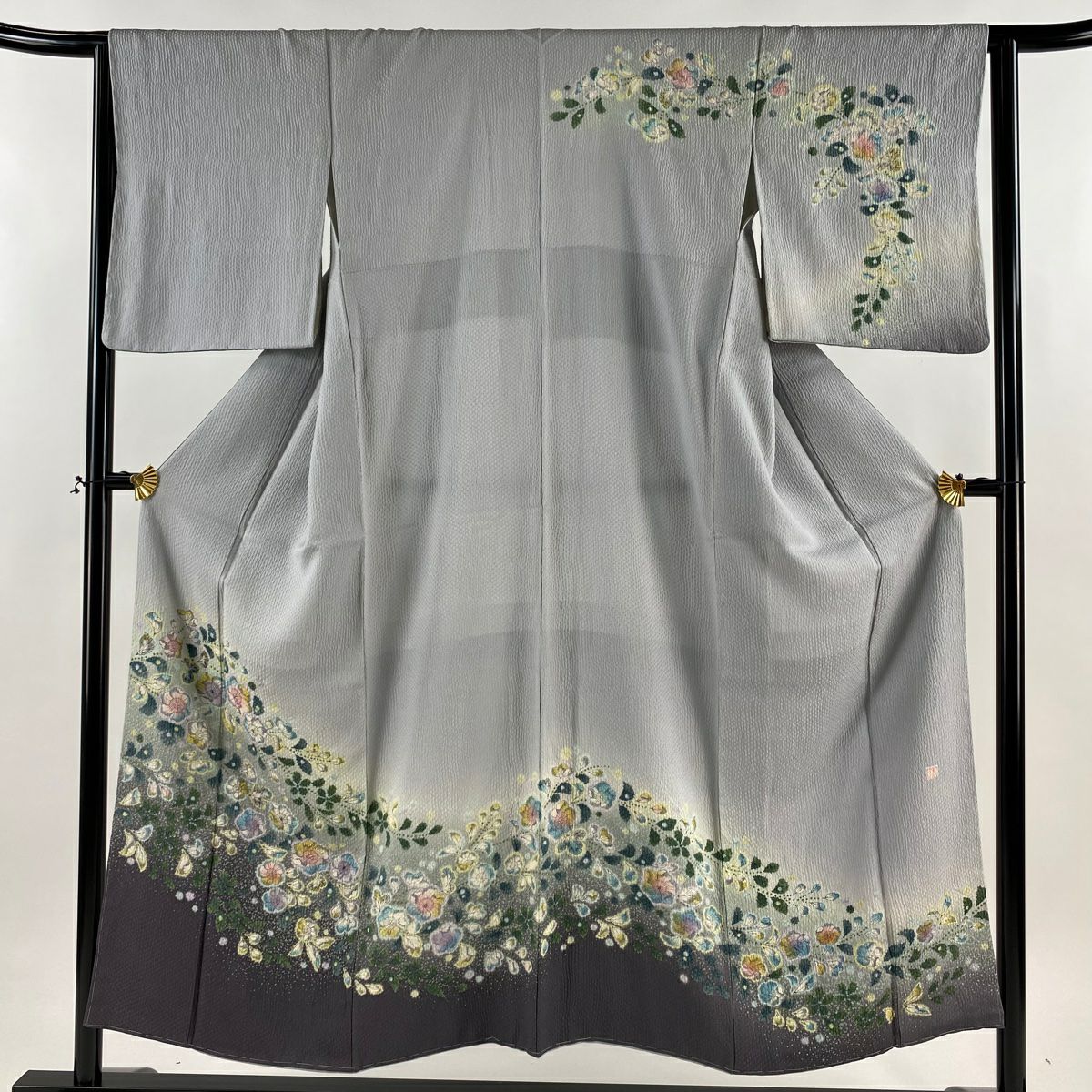 訪問服 身長151cm 袖長63.5cm S 雙層 辻花染 染分 ぼかし 青灰 純蠶絲 名品級