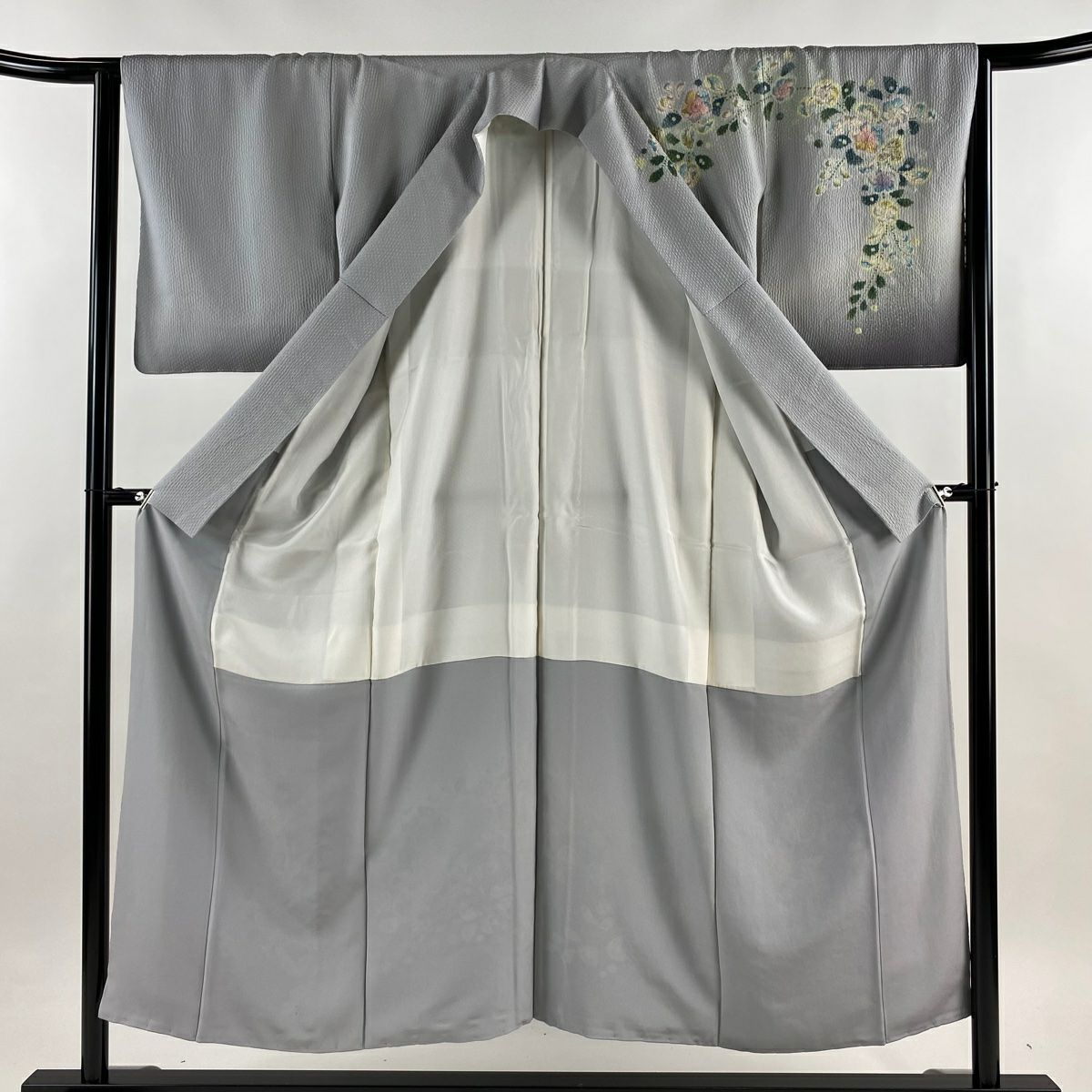 訪問服 身長151cm 袖長63.5cm S 雙層 辻花染 染分 ぼかし 青灰 純蠶絲 名品級