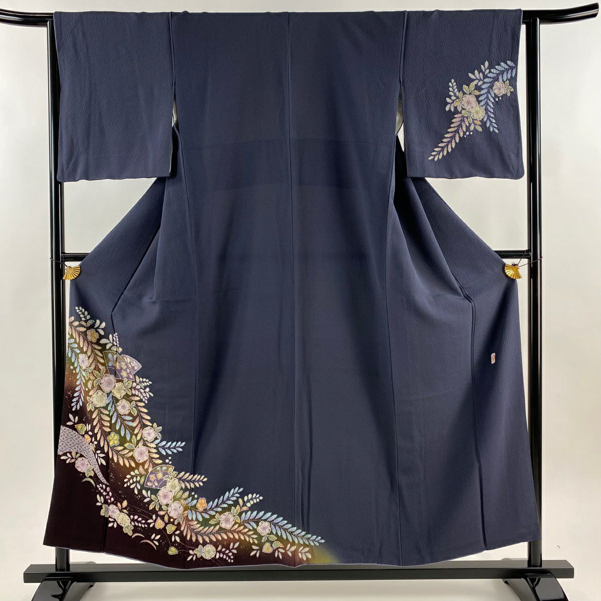 付下 身長155.5cm 袖長62.5cm S 雙層 翠山工房 大和 落款あり 辻花染 扇子 金銀彩 漸層 青灰色 純蠶絲 名品級
