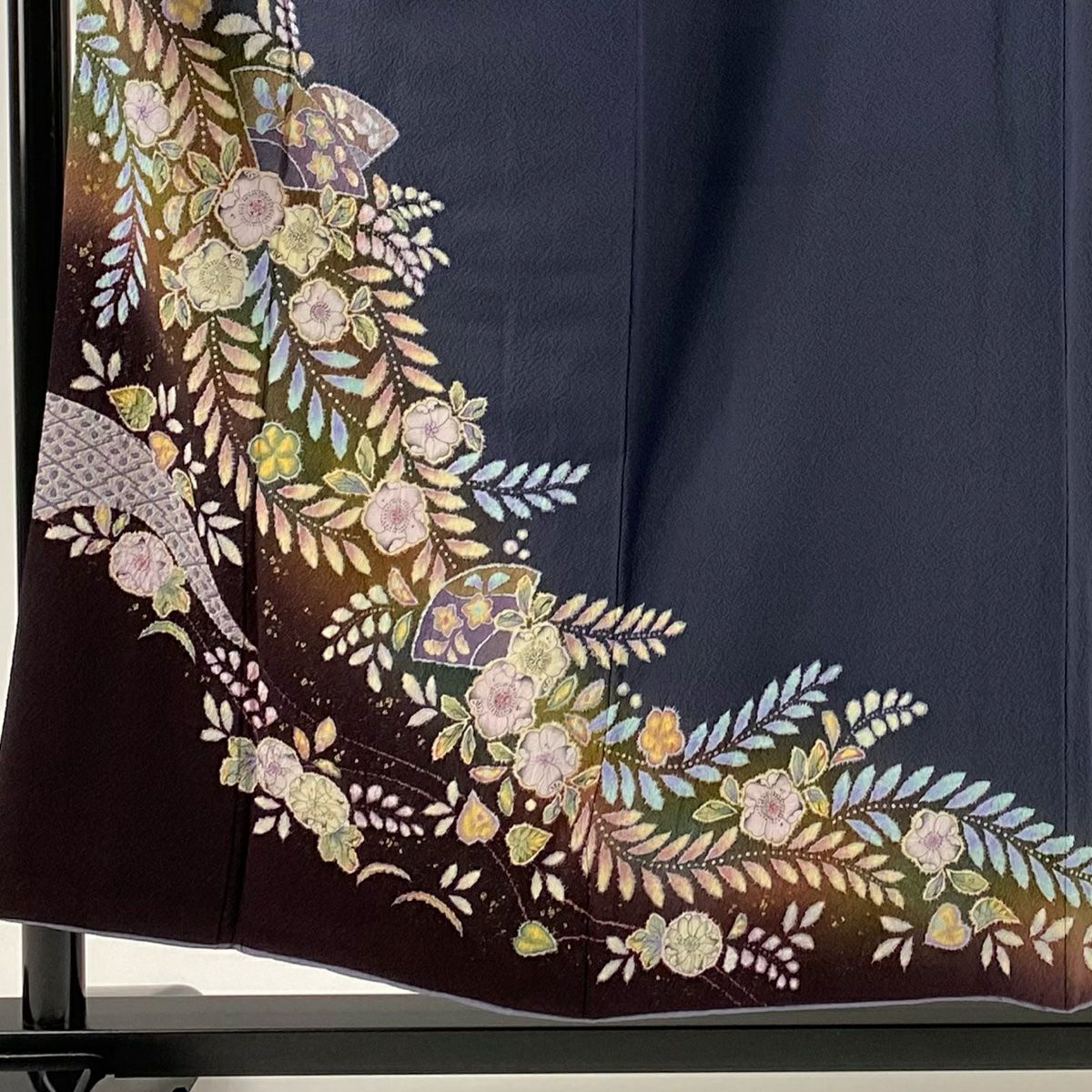 付下 身長155.5cm 袖長62.5cm S 雙層 翠山工房 大和 落款あり 辻花染 扇子 金銀彩 漸層 青灰色 純蠶絲 名品級