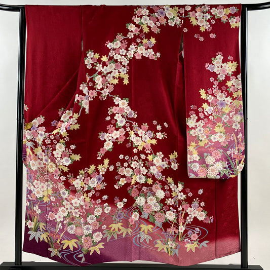 【美品】振袖禮服 身長156cm 袖長63cm S 雙層 櫻花 流水 銀通 金絲 紅 純蠶絲 名品級