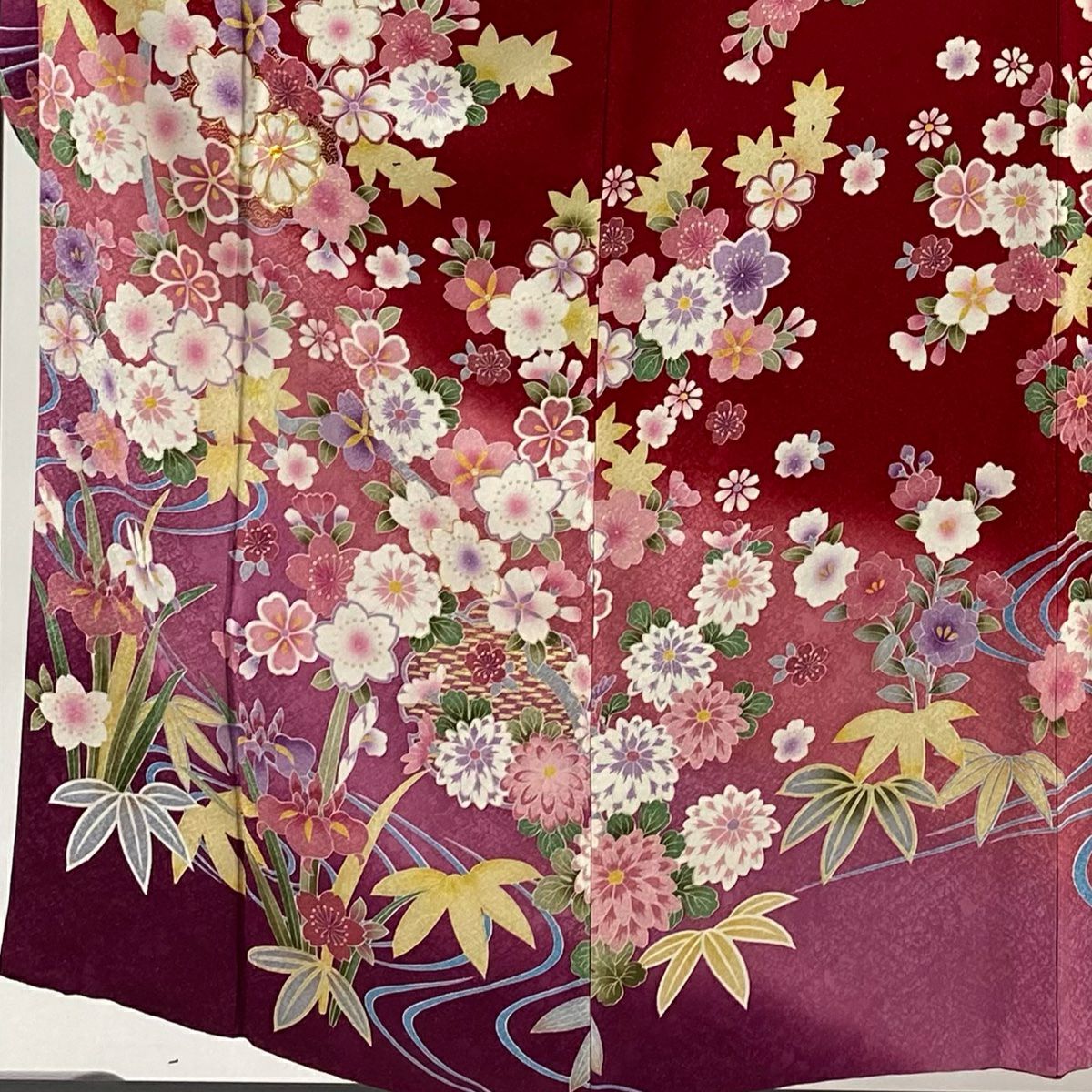 【美品】振袖禮服 身長156cm 袖長63cm S 雙層 櫻花 流水 銀通 金絲 紅 純蠶絲 名品級