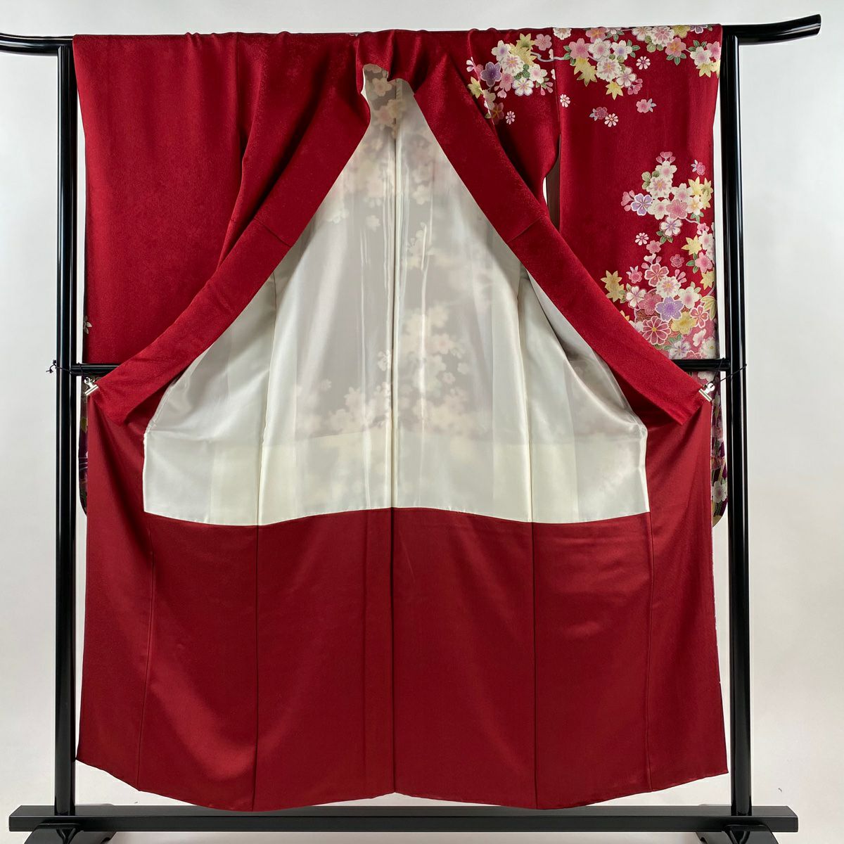 【美品】振袖禮服 身長156cm 袖長63cm S 雙層 櫻花 流水 銀通 金絲 紅 純蠶絲 名品級