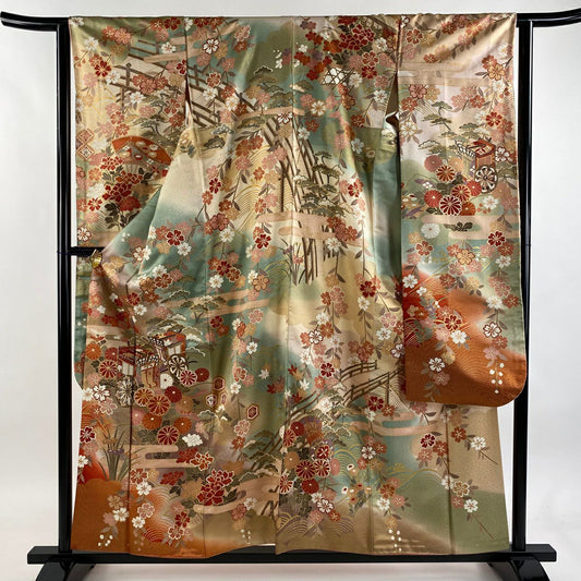 振袖禮服 身長156.5cm 袖長62.5cm S 雙層 御所車 草花紋紋 金絲 金銀彩 灰綠 純蠶絲 秀品級
