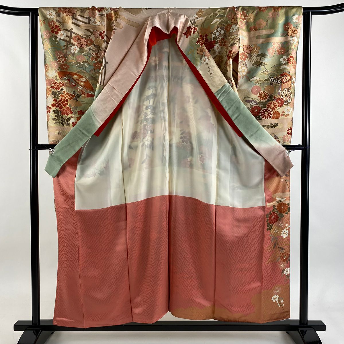 振袖禮服 身長156.5cm 袖長62.5cm S 雙層 御所車 草花紋紋 金絲 金銀彩 灰綠 純蠶絲 秀品級