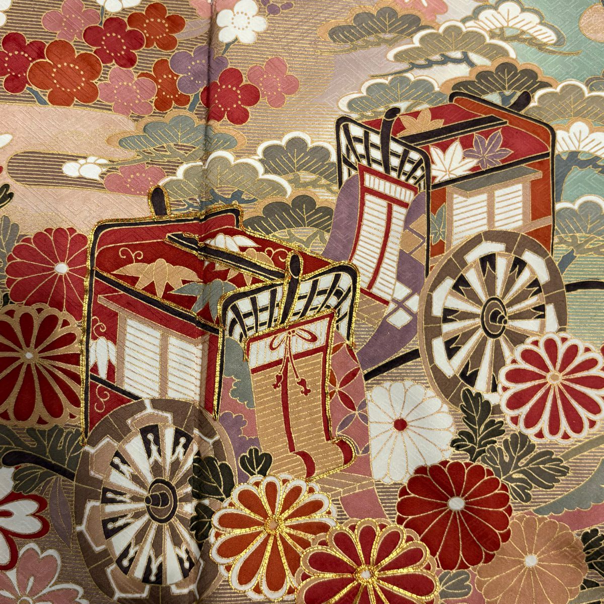 振袖禮服 身長156.5cm 袖長62.5cm S 雙層 御所車 草花紋紋 金絲 金銀彩 灰綠 純蠶絲 秀品級