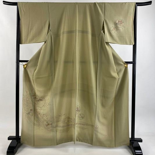 付下 身長163.5cm 袖長66cm M 雙層 雪輪 幾帳 刺繡 漸層 米色 純蠶絲 優品級 一個紋