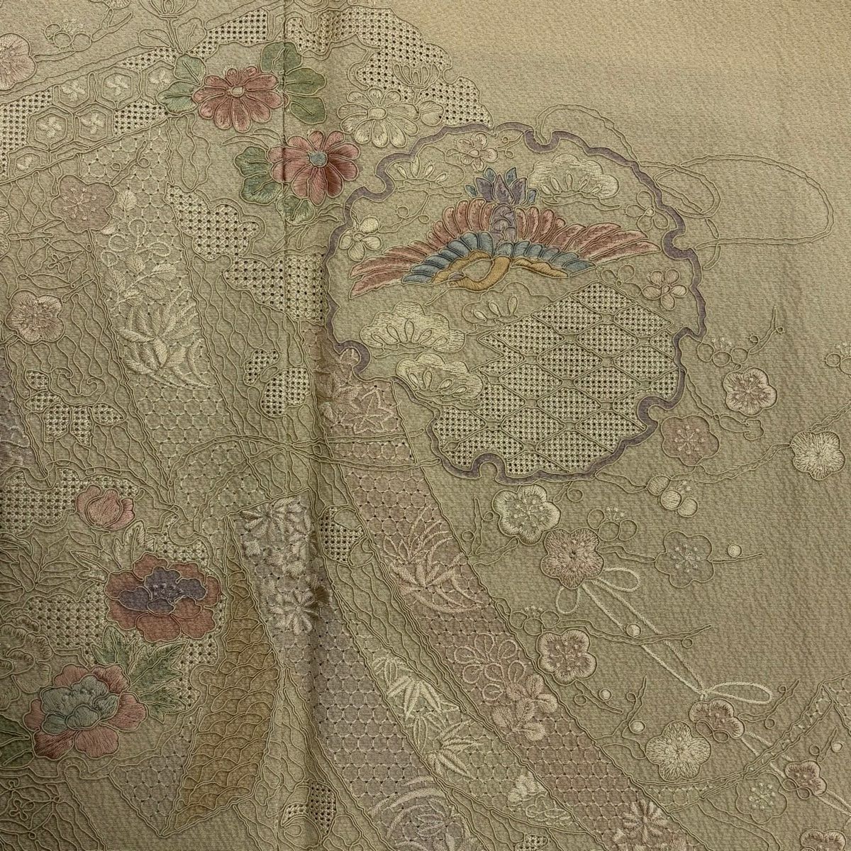 付下 身長163.5cm 袖長66cm M 雙層 雪輪 幾帳 刺繡 漸層 米色 純蠶絲 優品級 一個紋
