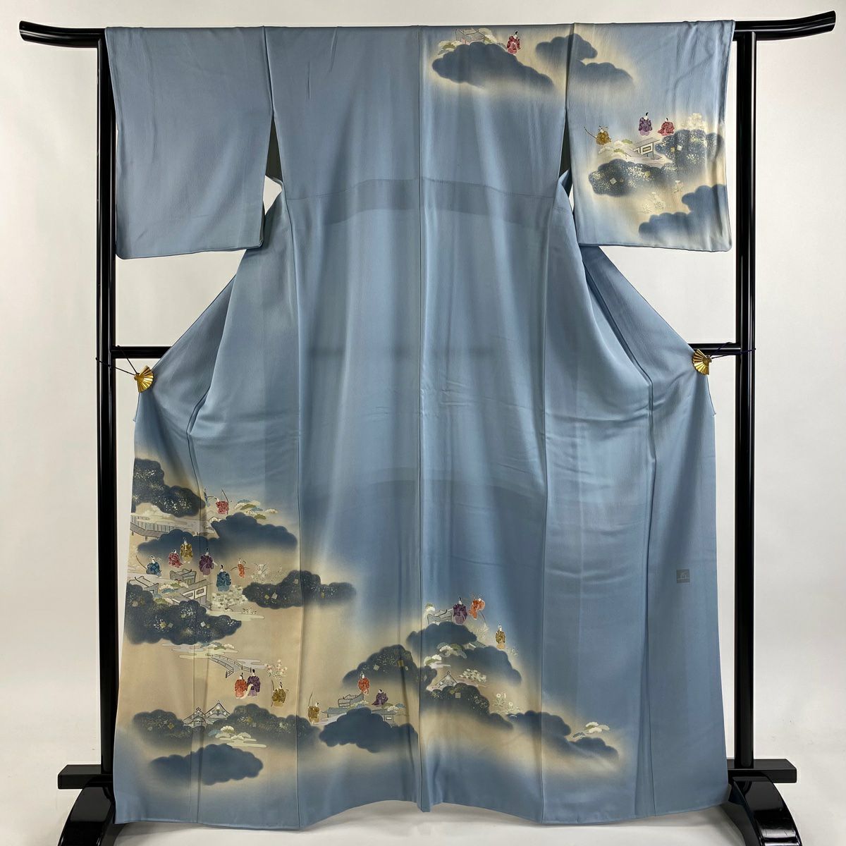 訪問服 身長165.5cm 袖長63.5cm S 雙層 落款あり 人物 雲文 金銀彩 漸層 青灰 純蠶絲 秀品級 一つ紋