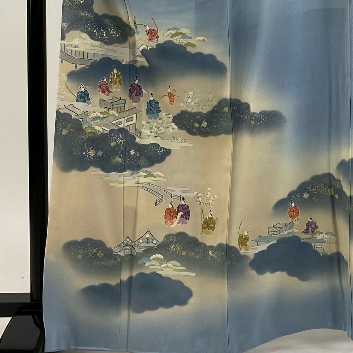 訪問服 身長165.5cm 袖長63.5cm S 雙層 落款あり 人物 雲文 金銀彩 漸層 青灰 純蠶絲 秀品級 一つ紋