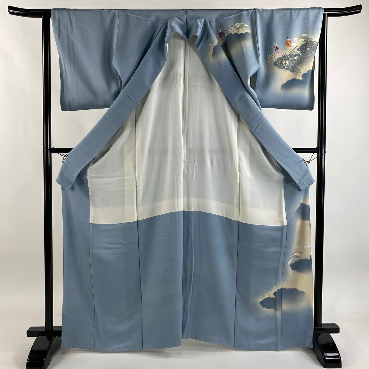 訪問服 身長165.5cm 袖長63.5cm S 雙層 落款あり 人物 雲文 金銀彩 漸層 青灰 純蠶絲 秀品級 一つ紋
