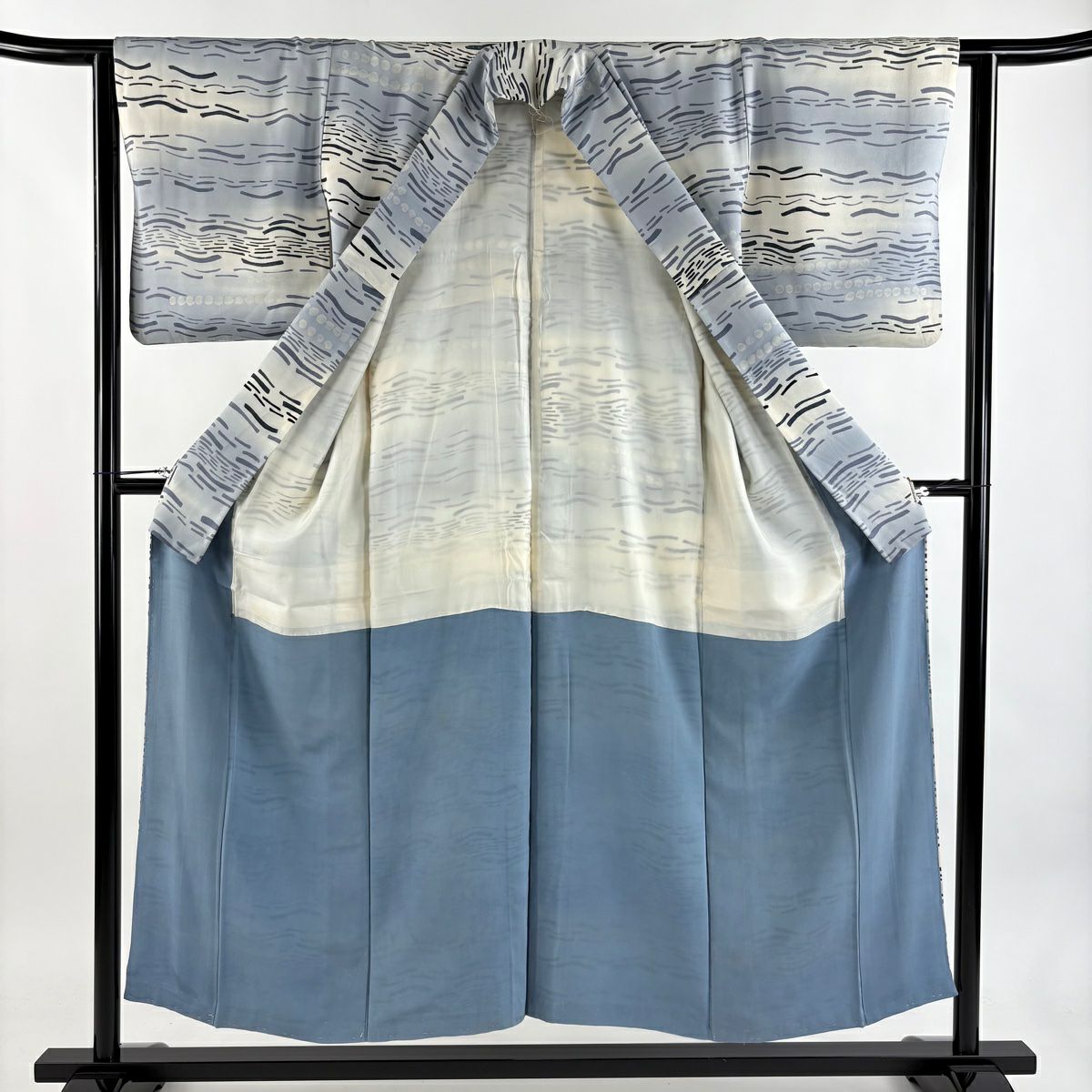 小紋 身長152cm 袖長62cm S 雙層 波 朧藍色 純蠶絲 優品級