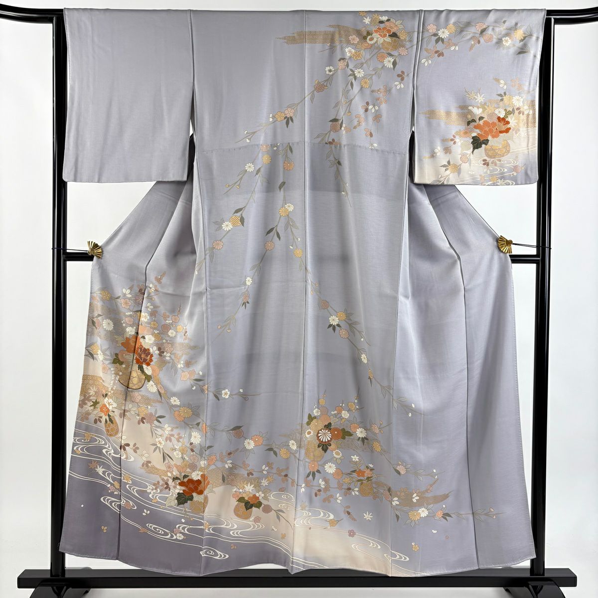 訪問服 身長154cm 袖長64cm M 雙層 花籠 流水 金絲 金銀彩 灰紫 純蠶絲 秀品級