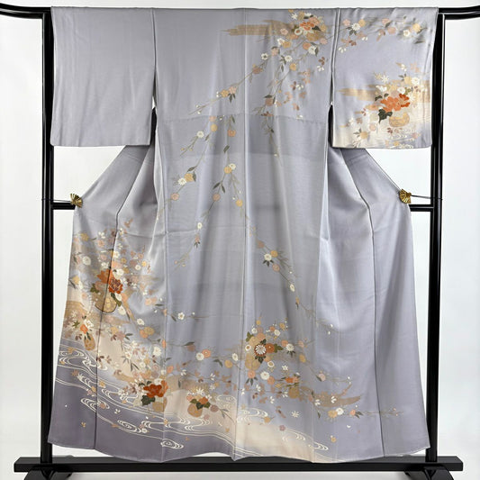 訪問服 身長154cm 袖長64cm M 雙層 花籠 流水 金絲 金銀彩 灰紫 純蠶絲 秀品級