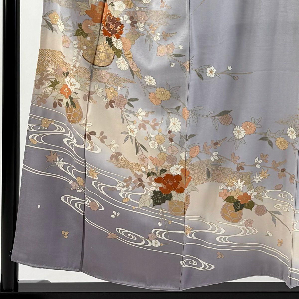 訪問服 身長154cm 袖長64cm M 雙層 花籠 流水 金絲 金銀彩 灰紫 純蠶絲 秀品級