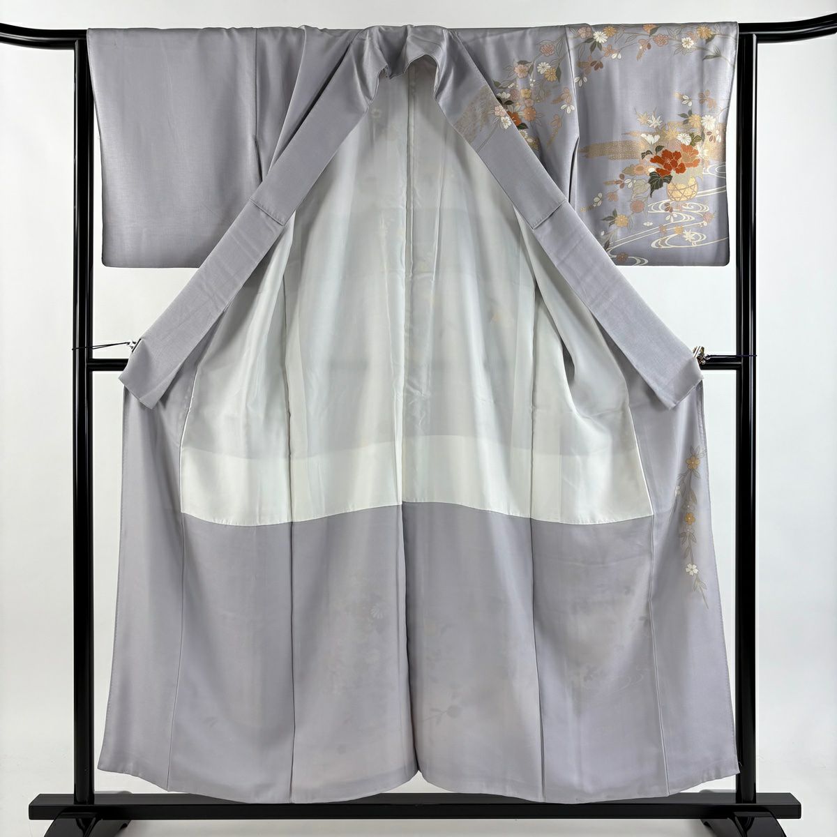 訪問服 身長154cm 袖長64cm M 雙層 花籠 流水 金絲 金銀彩 灰紫 純蠶絲 秀品級