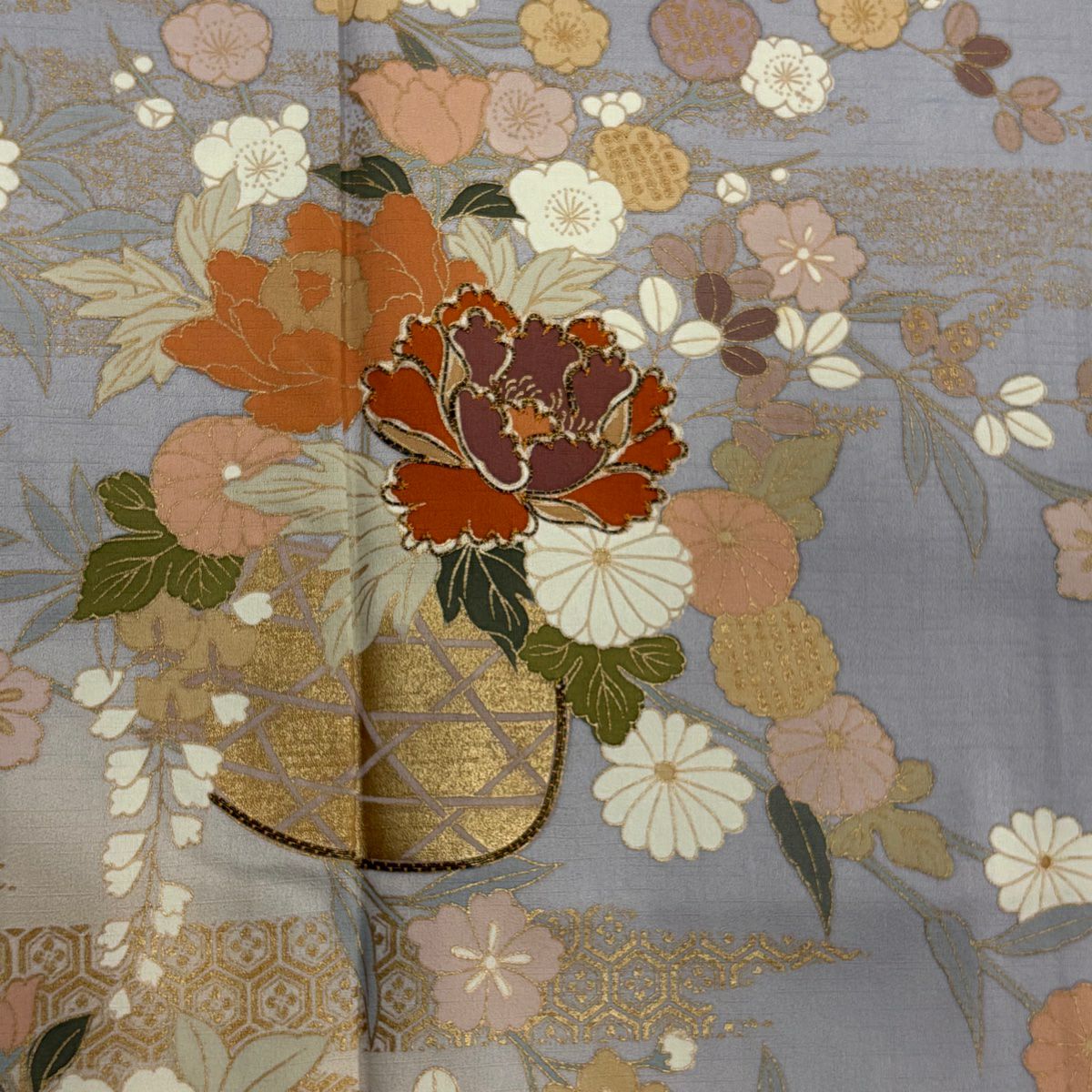 訪問服 身長154cm 袖長64cm M 雙層 花籠 流水 金絲 金銀彩 灰紫 純蠶絲 秀品級
