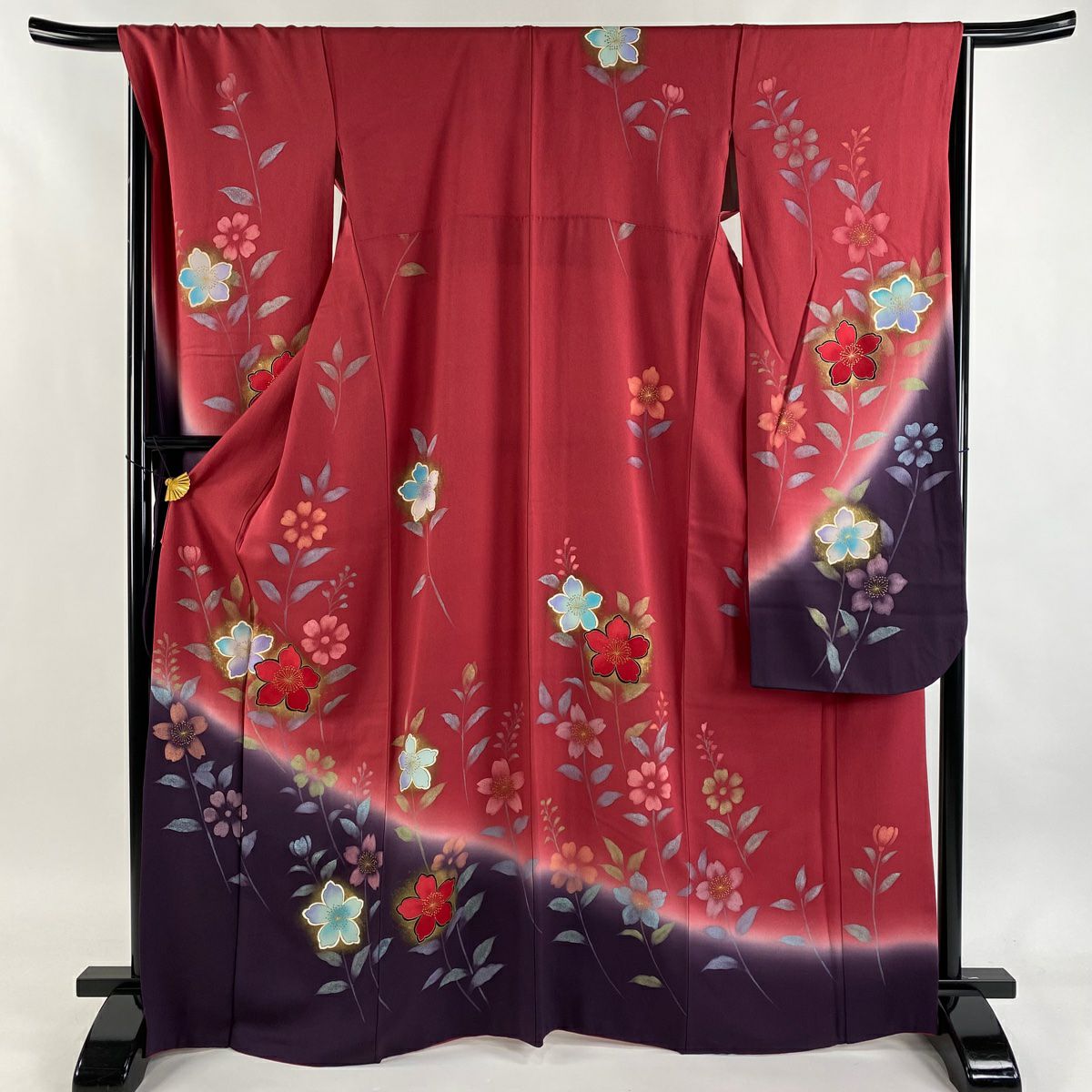 振袖禮服 身長168cm 袖長67cm M 雙層 草花紋紋 金彩裝飾 漸層 深紅 純蠶絲 優品級