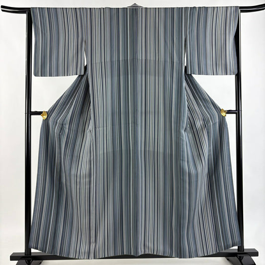小紋 身長157cm 袖長64.5cm M 雙層 縱條 灰紫 純蠶絲 秀品級