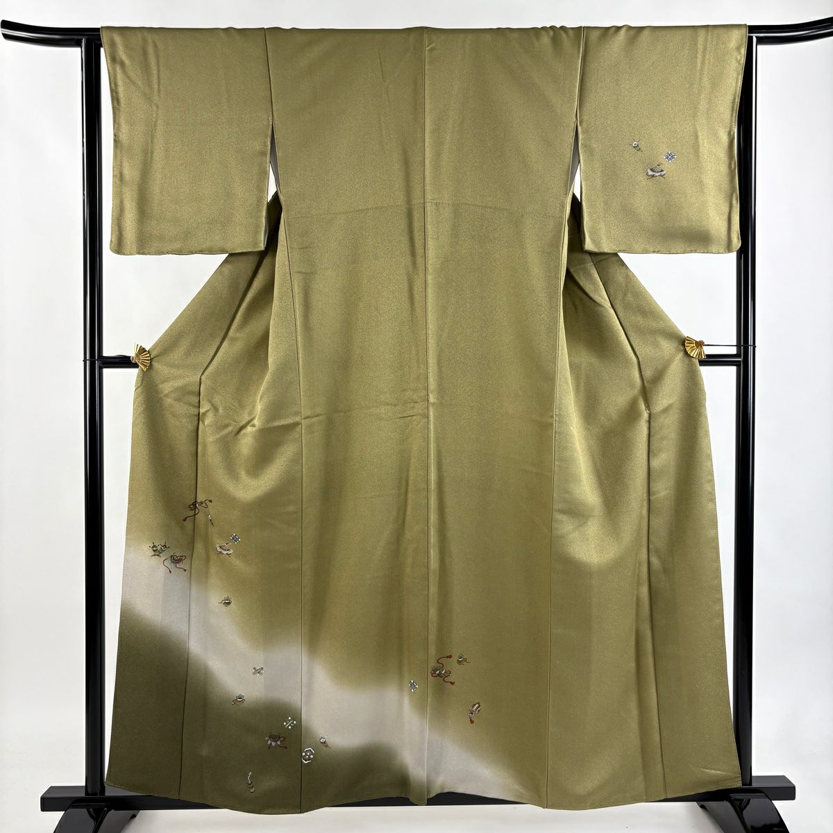 【美品】 付下 身長157cm 袖長64cm M 雙層 寶盡くし 金絲 金銀彩 鶯色 純蠶絲 秀品級