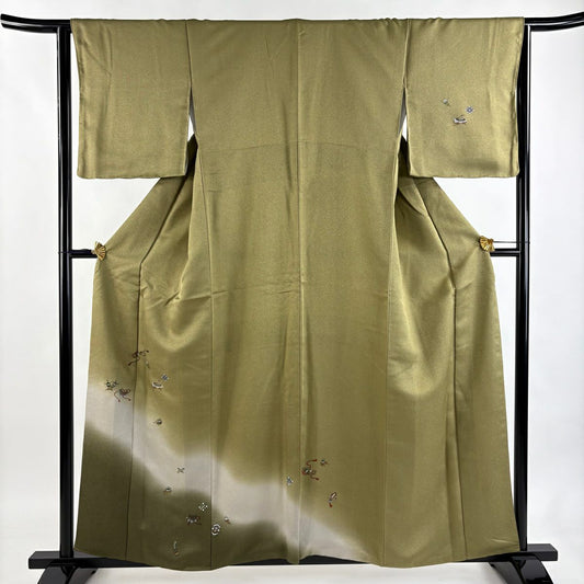 【美品】 付下 身長157cm 袖長64cm M 雙層 寶盡くし 金絲 金銀彩 鶯色 純蠶絲 秀品級