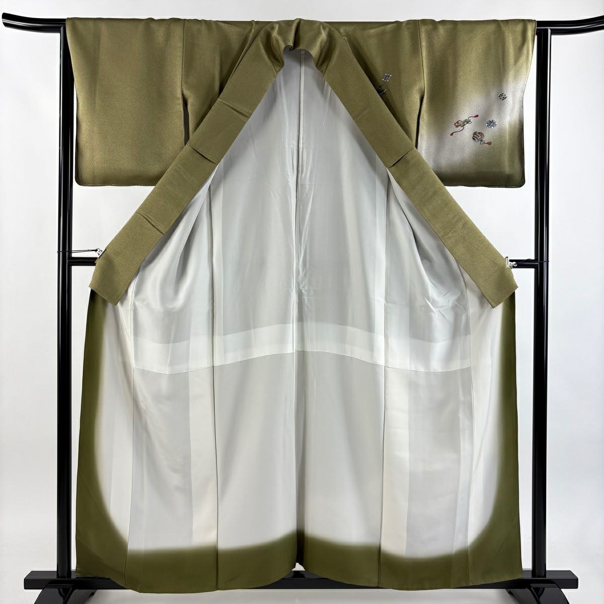 【美品】 付下 身長157cm 袖長64cm M 雙層 寶盡くし 金絲 金銀彩 鶯色 純蠶絲 秀品級