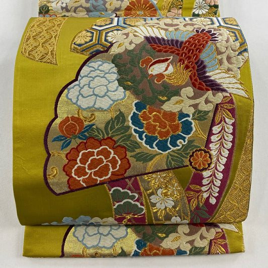 袋帶 秀品級 花鳥 扇子 金金箔 金絲 鶯 綠 六通 純蠶絲