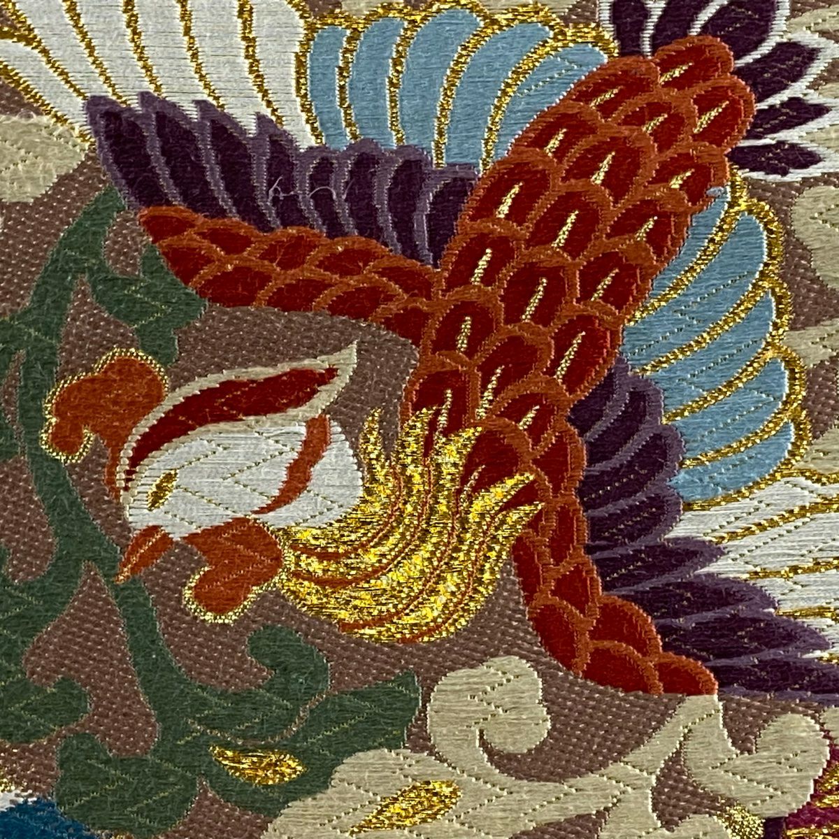 袋帶 秀品級 花鳥 扇子 金金箔 金絲 鶯 綠 六通 純蠶絲