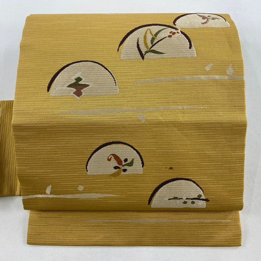 名古屋帶 秀品級 紬織織 草花紋紋 霞 山吹 純蠶絲