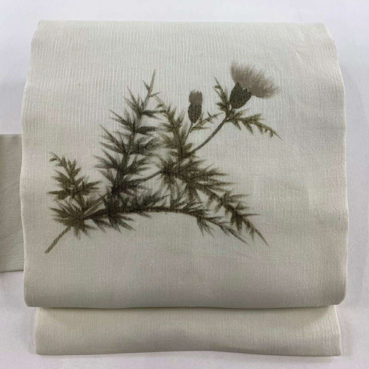 名古屋帶 秀品級 附落款 夏帶 草花紋 深藍灰色 純蠶絲